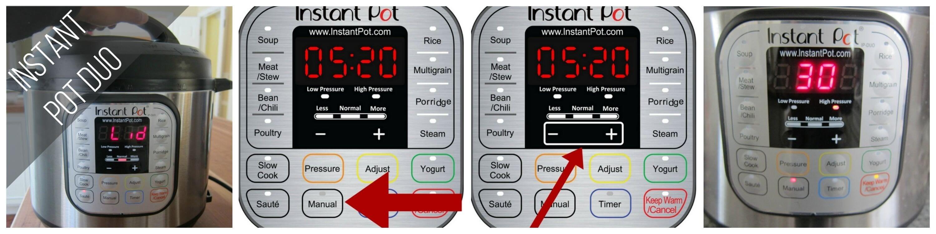 Instant Pot Duo Manual mode 30 minutes collage - close lid, press manual, press - or +, display shows 30 - Paint the Kitchen Red