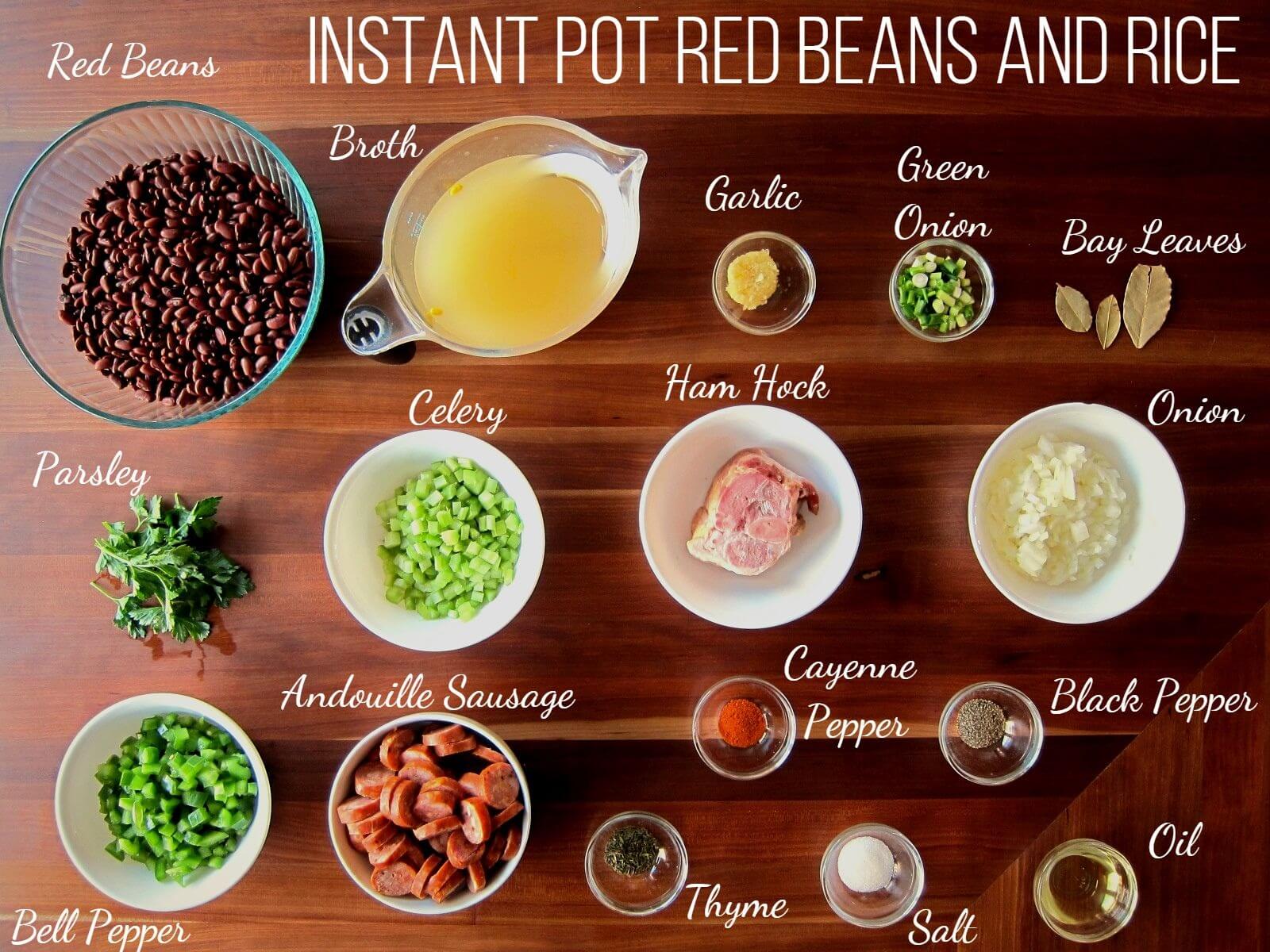 Instant Pot Red Beans and Rice Ingredients collage - red beans, broth, garlic, green onion, bay leaves, parsley, celery, ham hock, onion. bell pepper, andouille sausage, cayenne, black pepper, thyme, salt, oil - Paint the Kitchen Red