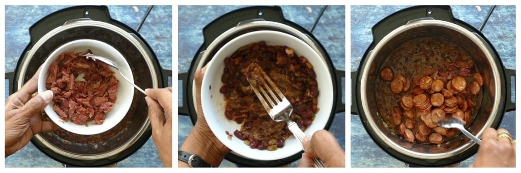 Instant Pot Red Beans and Rice Instructions collage - add back chopped ham mashed beans and andouille - Paint the Kitchen Red