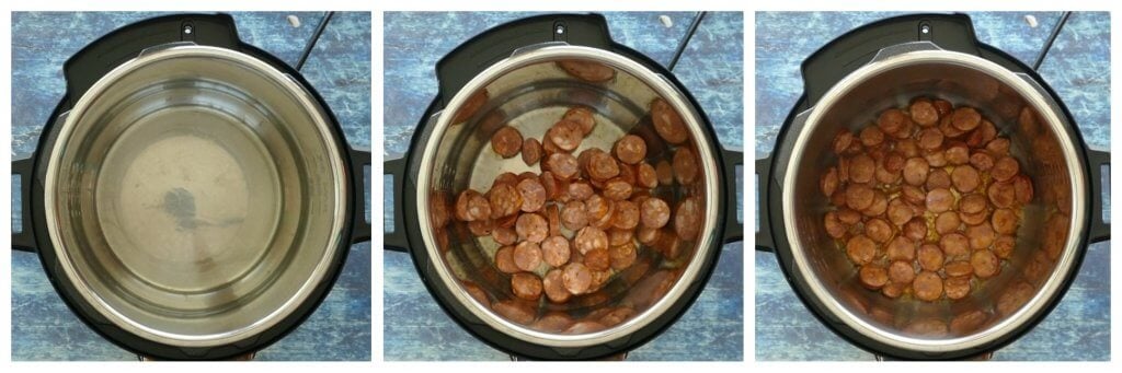 Instant Pot Red Beans and Rice Instructions collage - saute sausage - Paint the Kitchen Red
