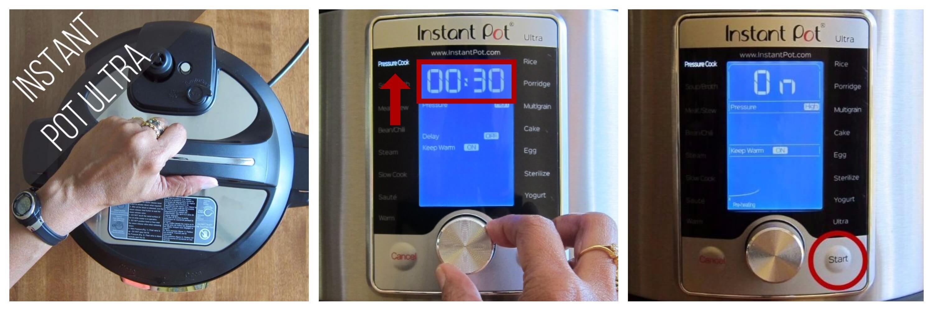 Instant Pot Ultra pressure cook 30 minutes collage - close Instant Pot Ultra, set time to 00:30 and select Pressure Cook, press start - Paint the Kitchen Red