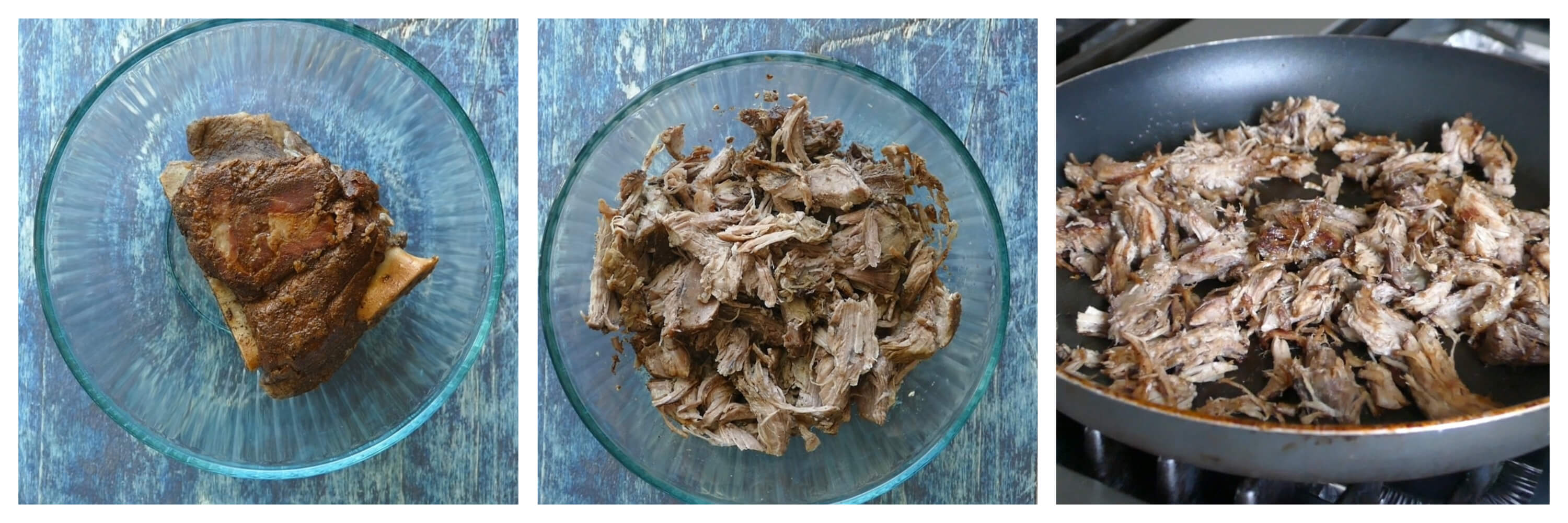 Instant Pot Banh Mi Instructions 2 collage - cooked pork in bowl, shredded, fried - Paint the Kitchen Red