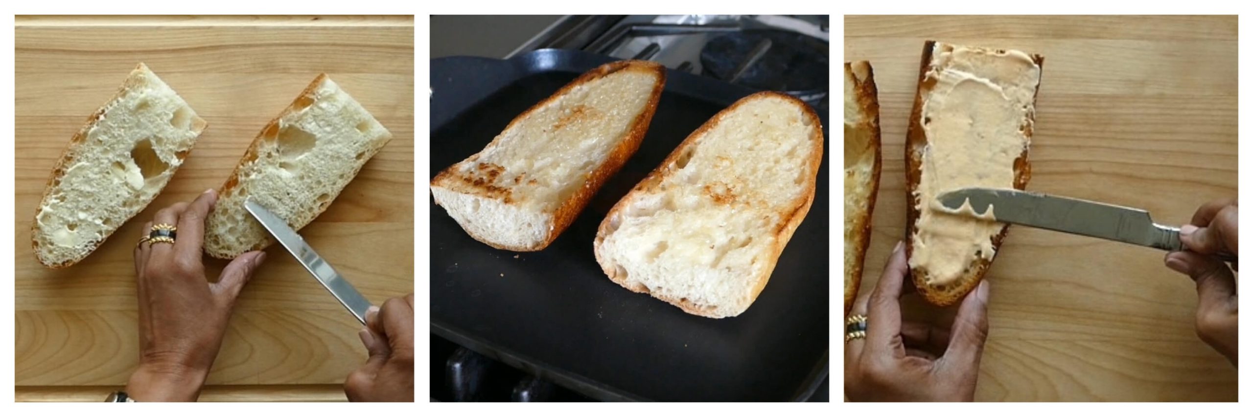 Instant Pot Banh Mi Instructions 3 collage - butter inside of baguette, toast on griddle, spread sriracha mayo on one side - Paint the Kitchen Red