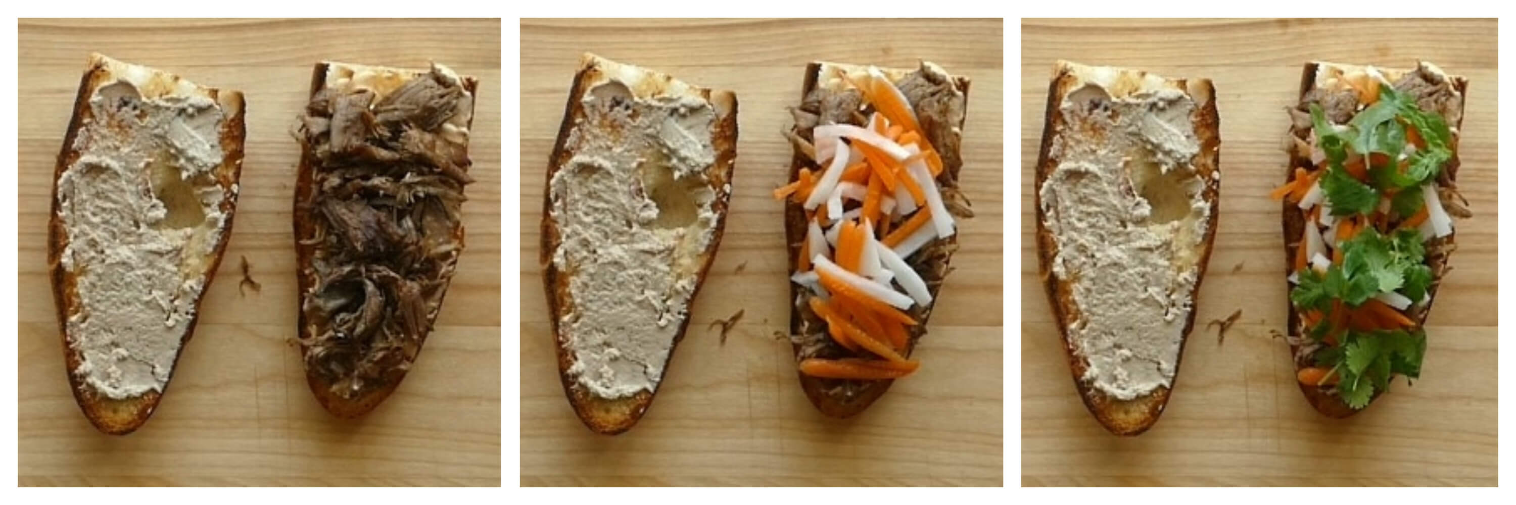 Instant Pot Banh Mi Instructions 4 collage - spread pate on second side, layer with meat, carrots and daikon, cilantro - Paint the Kitchen Red