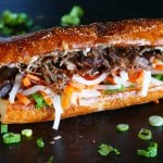 Instant Pot Banh Mi sandwich on black background, with meat, daikon, carrots and cilantro; cilantro and green onions sprinkled on surface - Paint the Kitchen Red