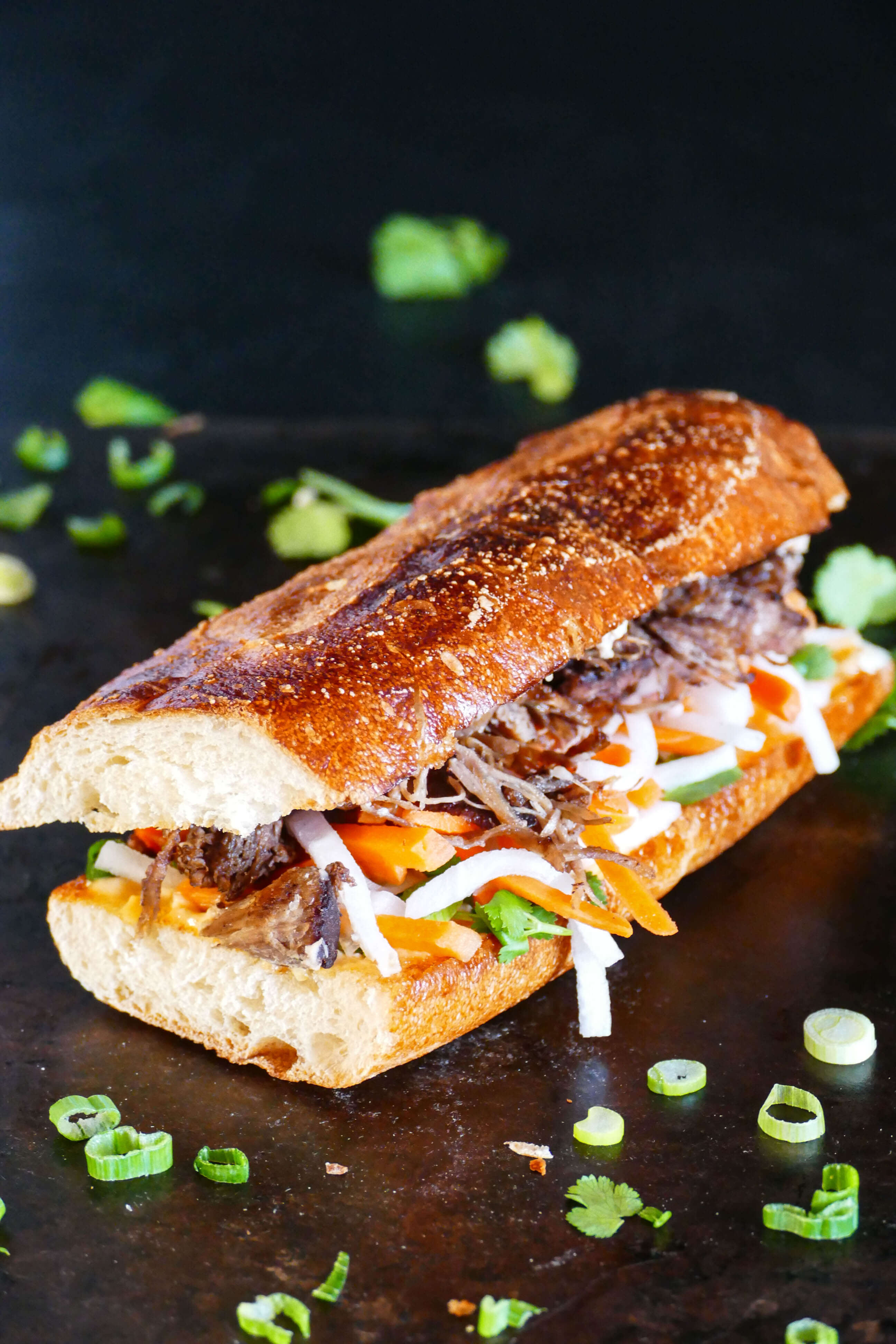 Instant Pot Banh Mi sandwich portrait on black background, with meat, daikon, carrots and cilantro; cilantro and green onions sprinkled on surface