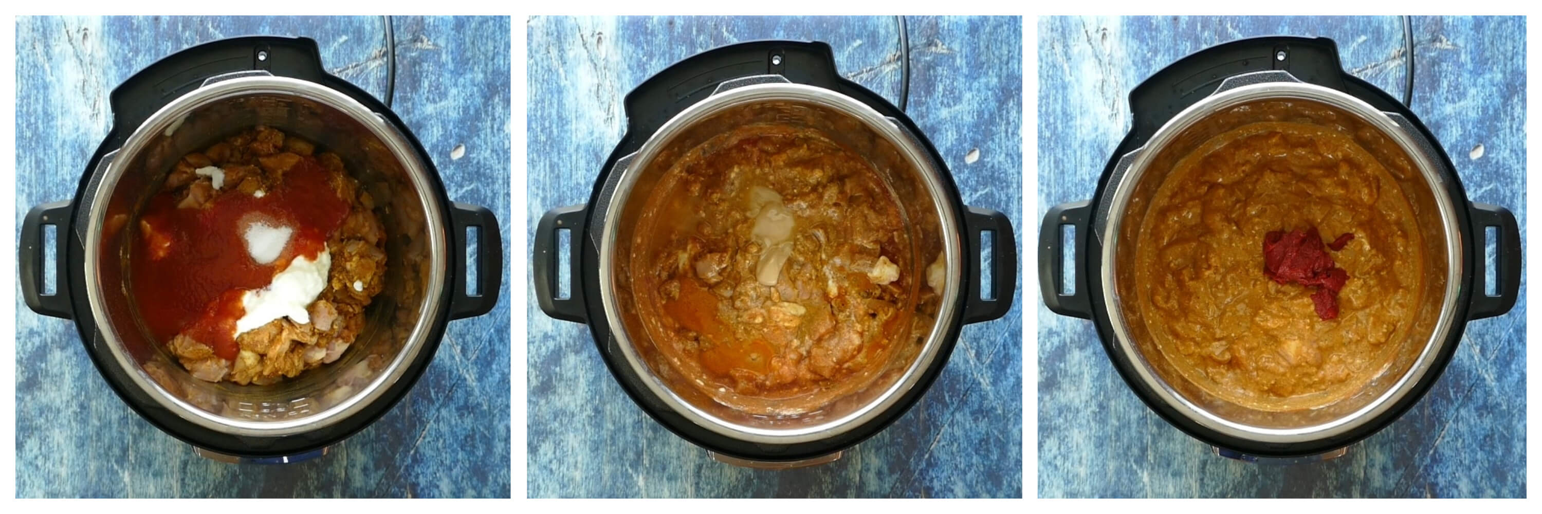 Instant Pot Chicken Tikka Masala Instructions 3 collage - add tomato sauce, yogurt, salt on chicken; add honey; stir and add tomato paste - Paint the Kitchen Red