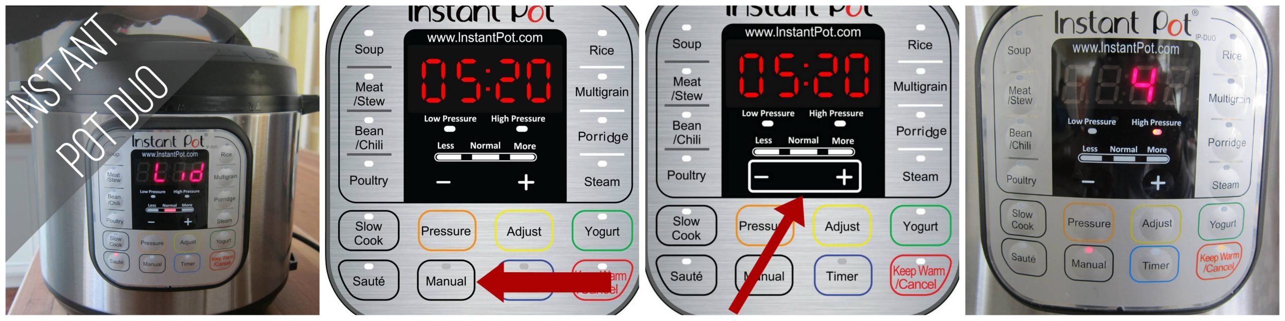 Instant Pot Duo Manual mode 4 minutes collage - close lid, press manual, press + -, display says 4 - Paint the Kitchen Red