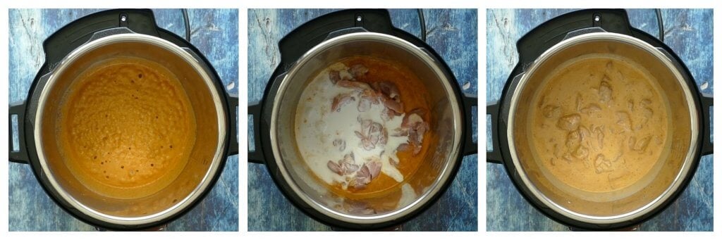 Instant Pot Panang Curry with Chicken Instructions 2 collage - bubbling coconut milk and curry paste, add remaining coconut milk, stirred up - Paint the Kitchen Red