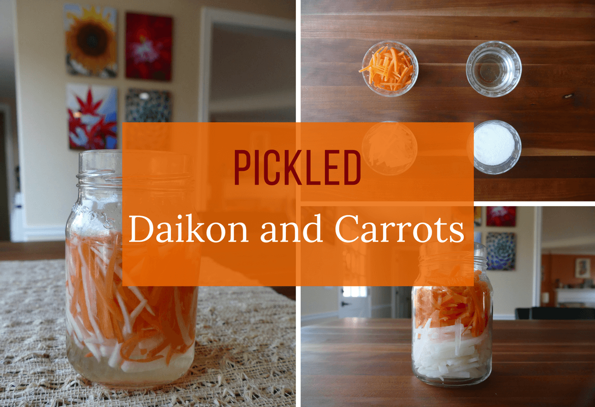 Pickled Daikon and Carrots collage with jar of pickled daikon and carrots, ingredients, jar of just carrots and daikon - Paint the Kitchen Red