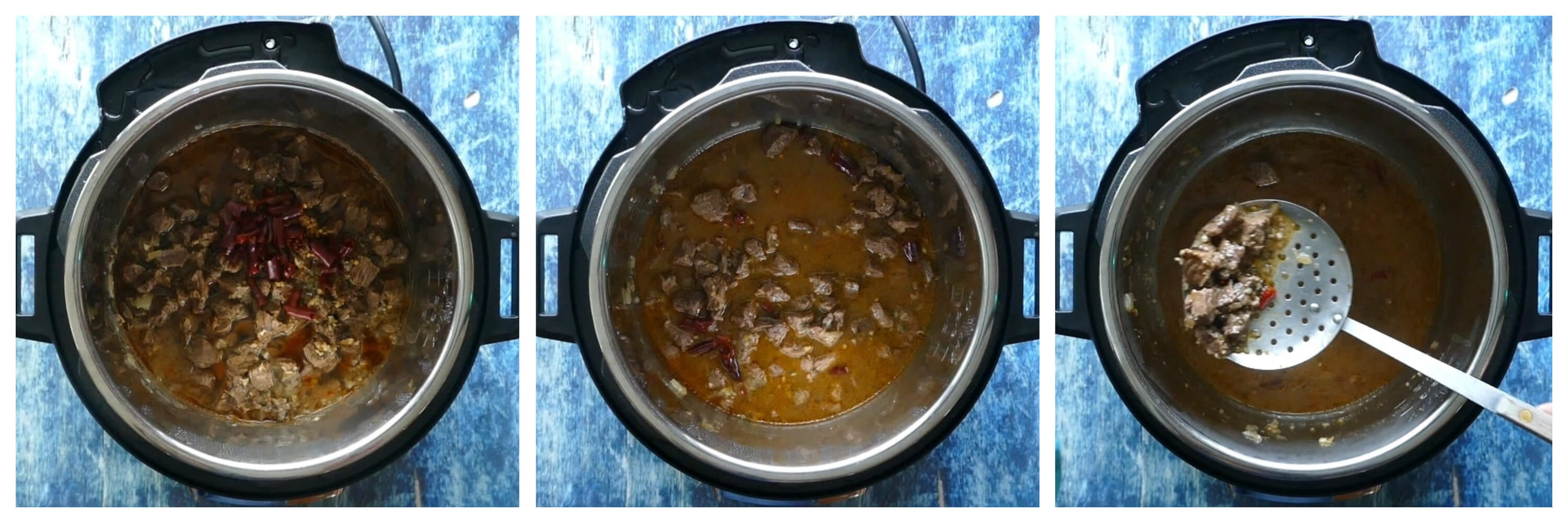 Instant Pot Carne Asada Step by Step Instructions 3 Collage - Cooked meat, stirred, remove with a slotted spoon