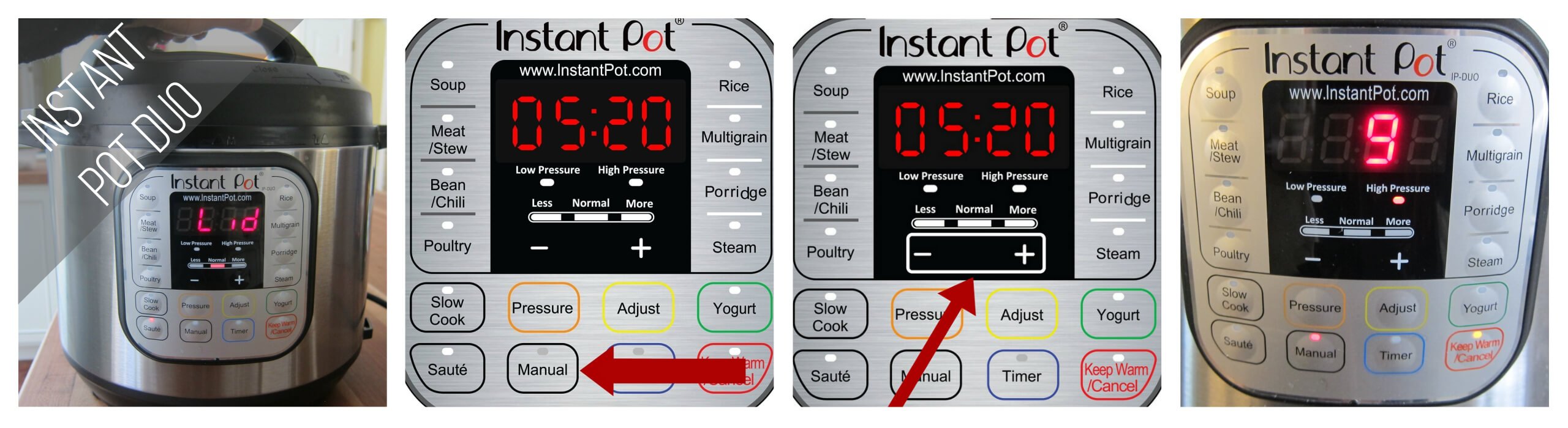 Instant Pot Duo Manual mode 9 minutes collage - close lid, press manual, press - or +, display shows 9 - Paint the Kitchen Red