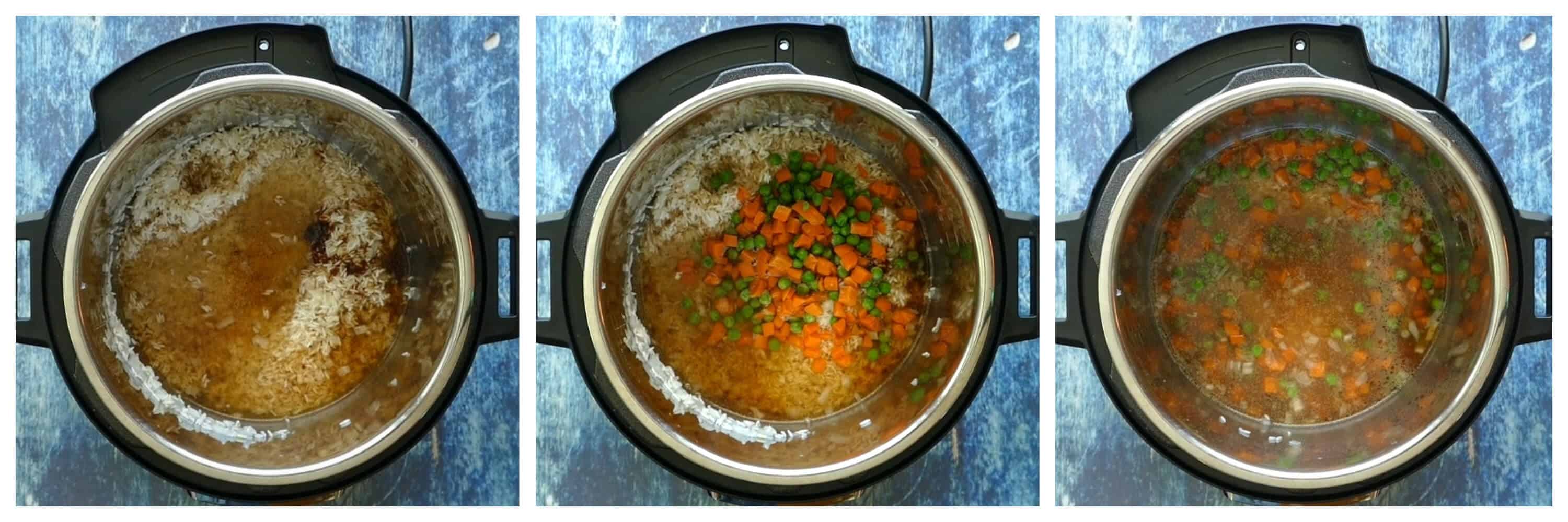 Instant Pot Fried Rice Instructions 2 collage - rice, sauce ingredients, vegetables added, stirred - Paint the Kitchen Red