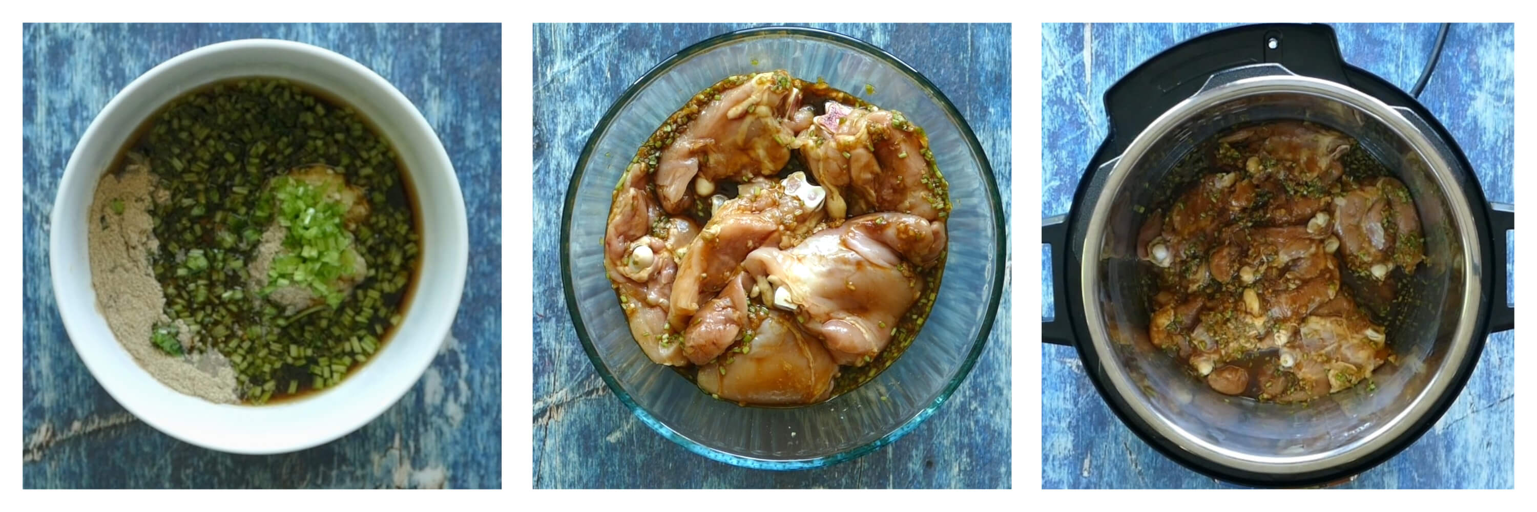 Instant Pot Thai Grilled Chicken Instructions collage - marinade in bowl, chicken with marinade, chicken and marinade in Instant Pot - Paint the Kitchen Red