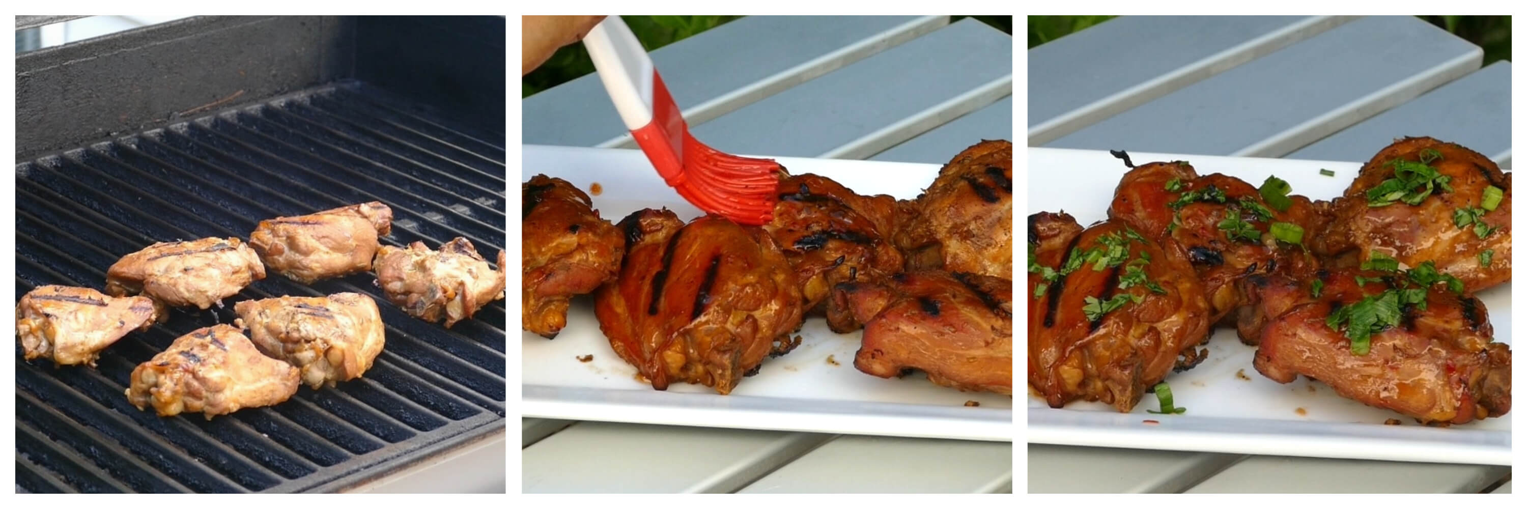 Instant Pot Thai Grilled Chicken Instructions collage - chicken on grill, chicken being basted, chicken sprinkled with cilantro