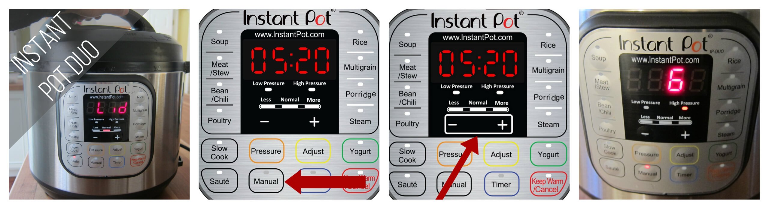 Instant Pot Duo Manual mode 6 minutes collage - close lid, press manual, press - or +, display shows 6 - Paint the Kitchen Red