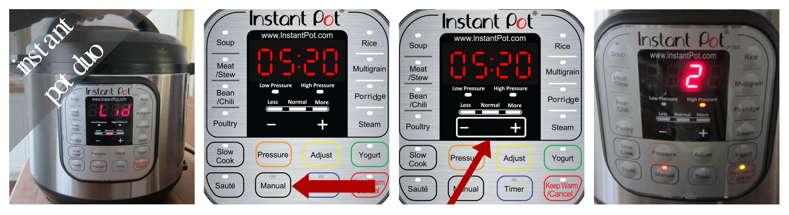 Instant Pot Duo Manual mode 2 minutes collage - close lid, press manual, press + -, display says 2 - Paint the Kitchen Red