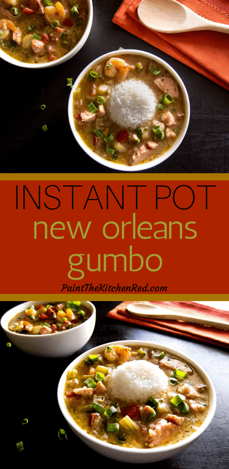 This Delicious Instant Pot Louisiana Gumbo is a quintessential New Orleans dish that is hearty, satisfying, flavorful and perfect for a crowd. Made with chicken, sausage, shrimp/seafood, and okra, this spicy pressure cooker recipe tastes amazing when served over rice. For a low carb meal, serve as a soup or stew. #instantpot #gumbo #cajun #creole