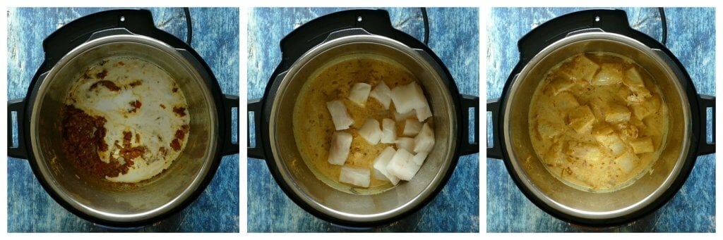 Instant Pot Indian Fish Curry Instructions collage - add coconut milk, add fish, gently stir