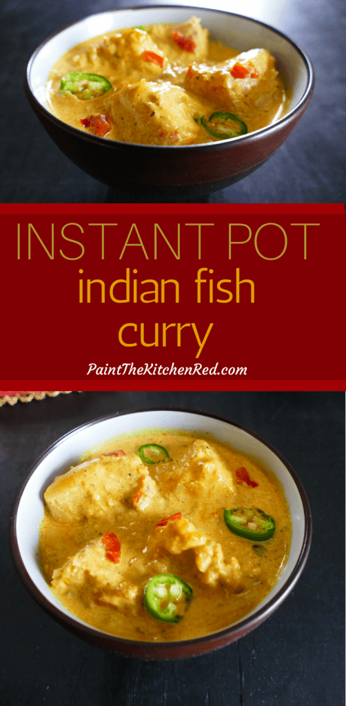 Instant Pot Indian Fish Curry Pinterest collage - fish curry garnished with green chili and chopped tomato in dark bowl on black background