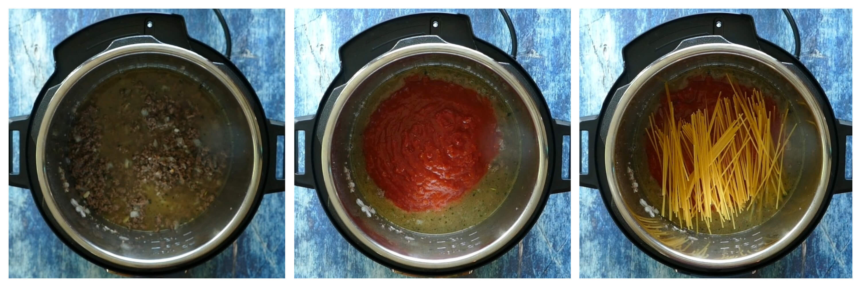 Instant Pot Spaghetti Instructions 4 collage - broth, sauce, one layer spaghetti fanned out - Paint the Kitchen Red
