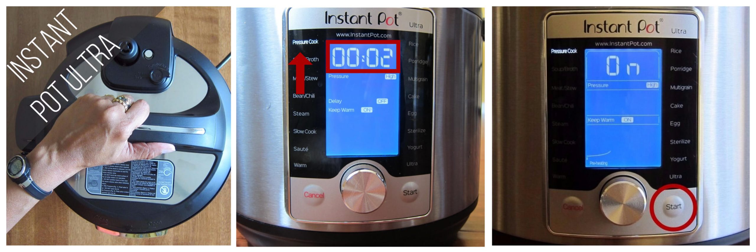 Instant Pot Ultra pressure cook 2 minutes collage - open lid, select pressure cook and set time to 00:02, display says on - Paint the Kitchen Red