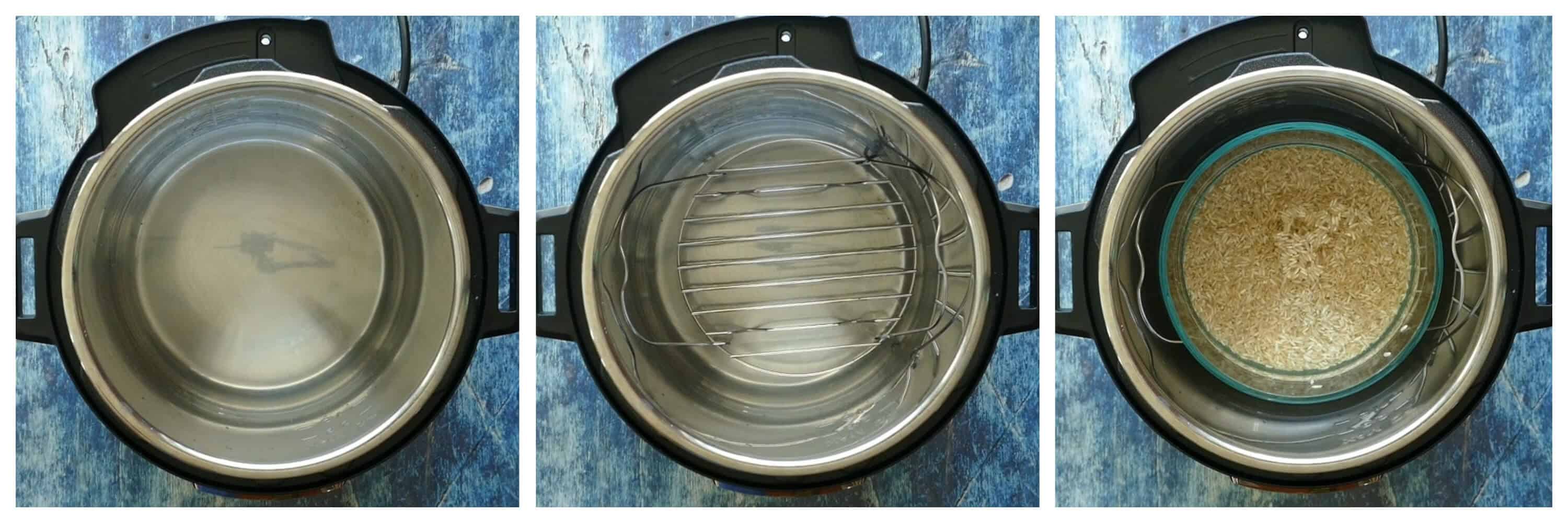 Instant Pot Brown Rice PIP Instructions 2 collage - Instant Pot with water, add trivet, add bowl with water and rice - Paint the Kitchen Red