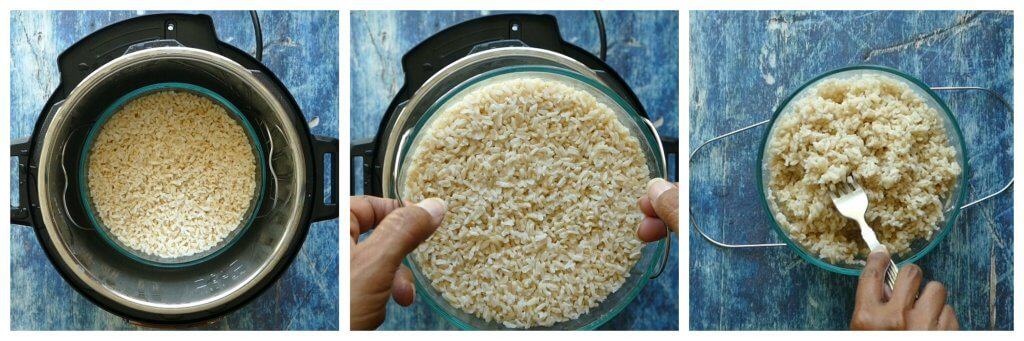 Instant Pot Brown Rice PIP Instructions collage - cooked rice in bowl in Instant Pot, remove trivet and rice, fluff rice - Paint the Kitchen Red