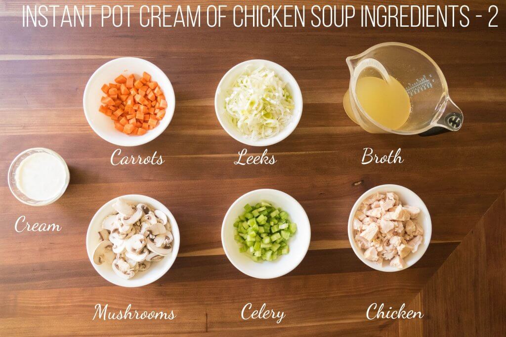 Instant Pot Cream of Chicken Soup Ingredients 2 - carrots, leeks, broth, mushrooms, celery, chicken, cream