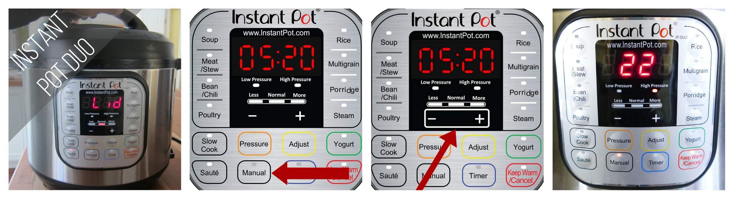 Instant Pot Duo Manual mode 22 minutes collage - close lid, press manual, press + -, display says 22 - Paint the Kitchen Red