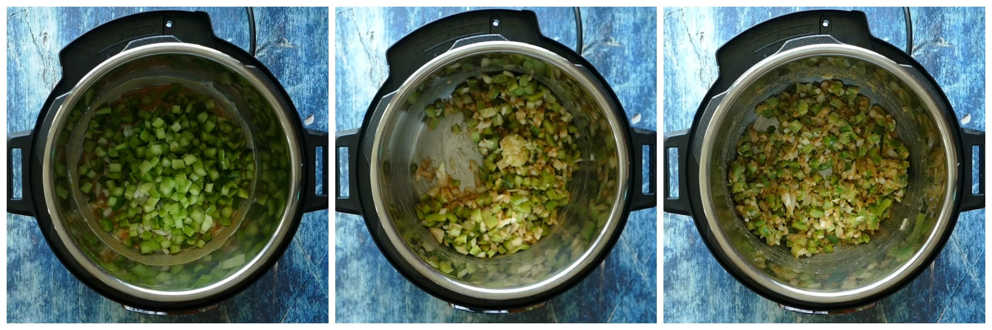 Instant Pot Shrimp Etouffee Instructions 2 collage - vegetables, garlic, stirred - Paint the Kitchen Red