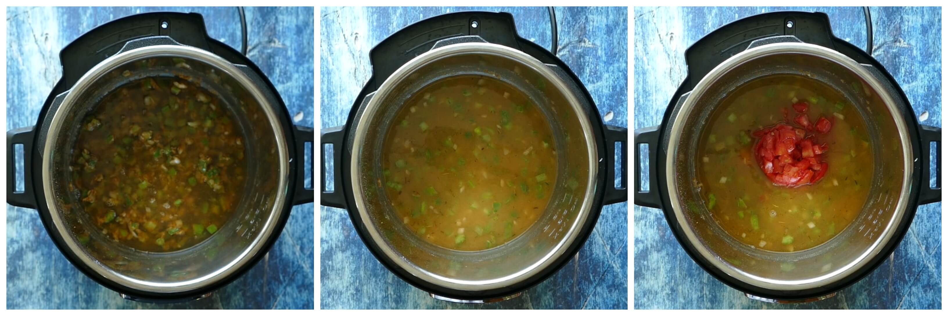 Instant Pot Shrimp Etouffee Instructions 3 collage - broth, stirred, tomatoes - Paint the Kitchen Red