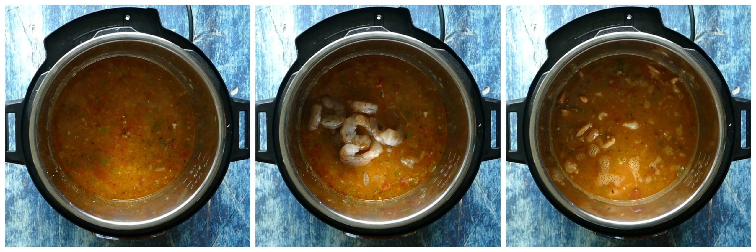 Instant Pot Shrimp Etouffee Instructions 4 collage - cooked stew, add shrimp, stir shrimp - Paint the Kitchen Red