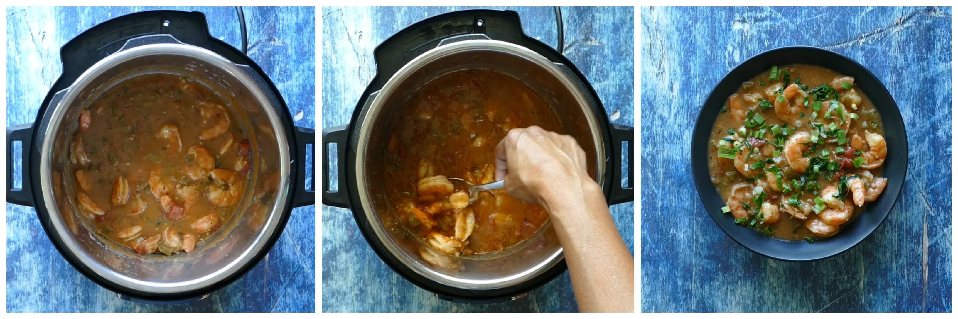 Instant Pot Shrimp Etouffee Instructions 5 collage - cooked shrimp, stir, sprinkled with parsley and green onion - Paint the Kitchen Red