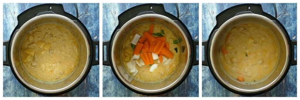 Instant Pot Thai Yellow Curry with Chicken Instructions 4 collage - cooked yellow curry, added carrots and onions, simmer