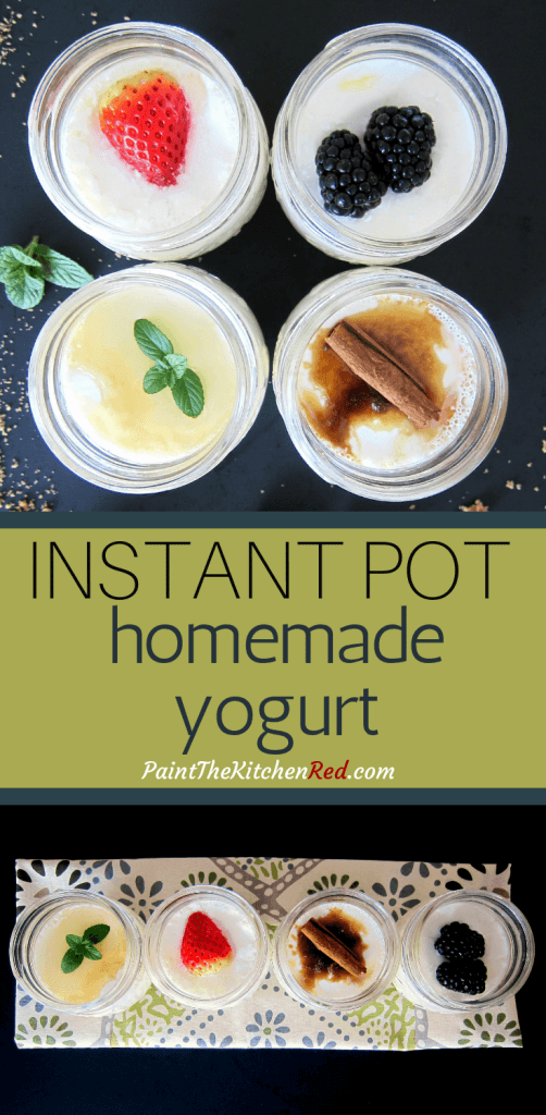 Instant Pot Yogurt Pinterest collage with 4 individual mason jars of yogurt: strawberry, honey mint, cinnamon brown sugar, blackberries - Paint the Kitchen Red