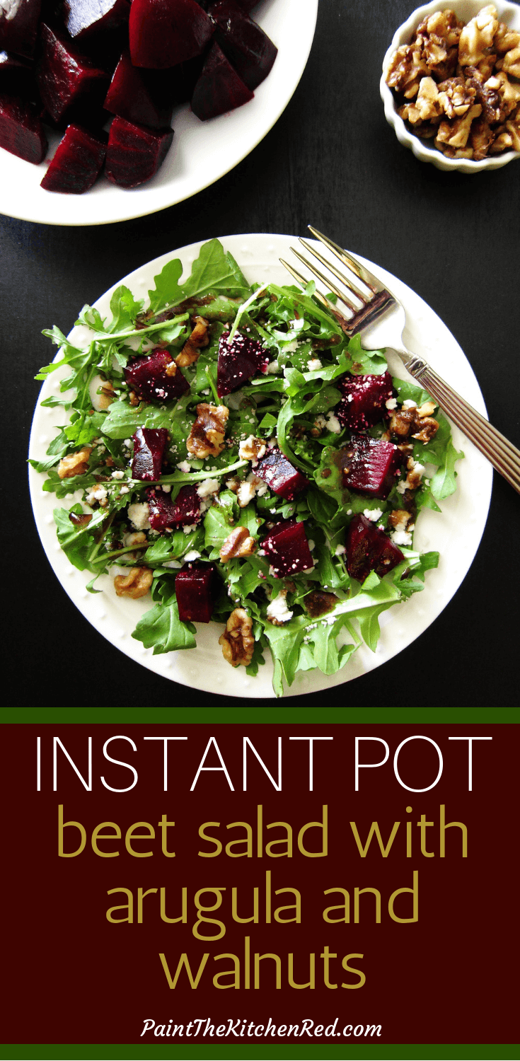 This easy and tasty Instant Pot beet salad with arugula, goat cheese and candied walnuts has a delightful balsamic vinaigrette dressing and is perfect as a side salad or as a standalone lunch salad. #instantpot #saladrecipes