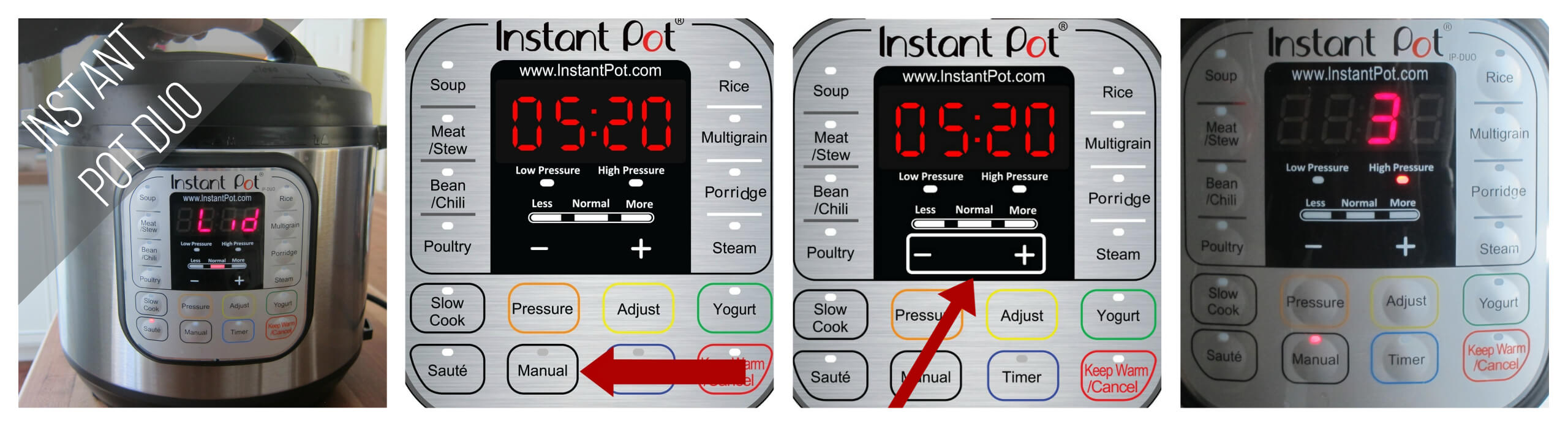 Instant Pot Duo Manual mode 3 minutes collage - close lid, press manual, press + -, display says 3 - Paint the Kitchen Red