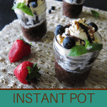 Instant Pot Brownies Pinterest pin - three brownies in mason jars topped with ice cream and blueberries and mint - Paint the Kitchen Red