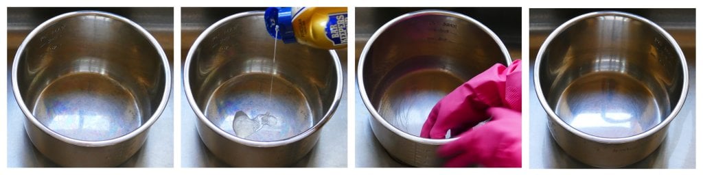Instant pot steam coming out of float valve 12 Instant Pot Clean Inner Pot Collage - dirty, barkeepers friend being poured in, being cleaned, clean - Paint the Kitchen Red