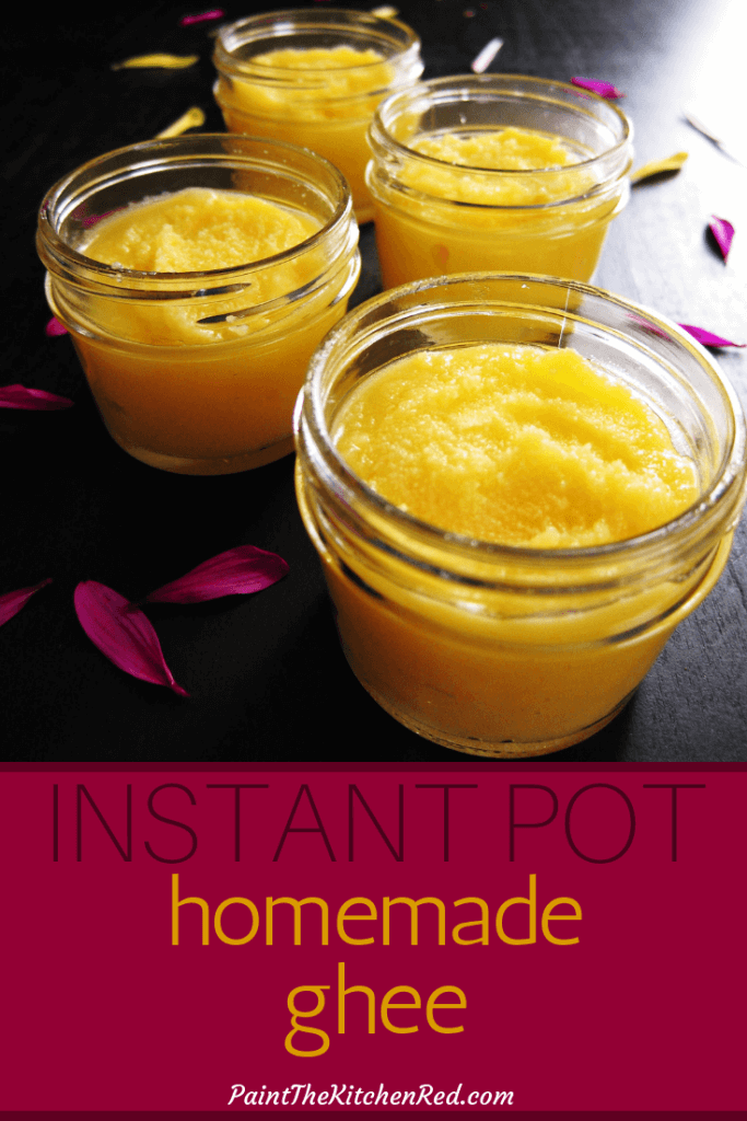 Instant Pot Homemade Ghee pinterest pin - golden ghee in small mason jars - with flower petals on black background