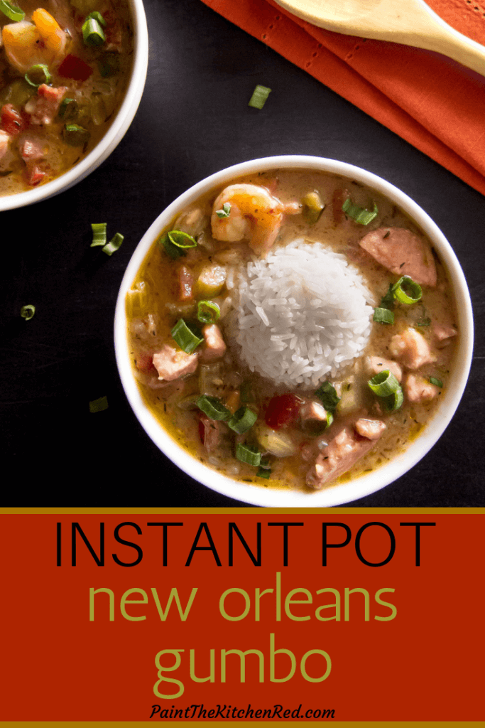 Instant Pot Gumbo Pinterest - two white bowls of gumbo with mound of rice in the middle.