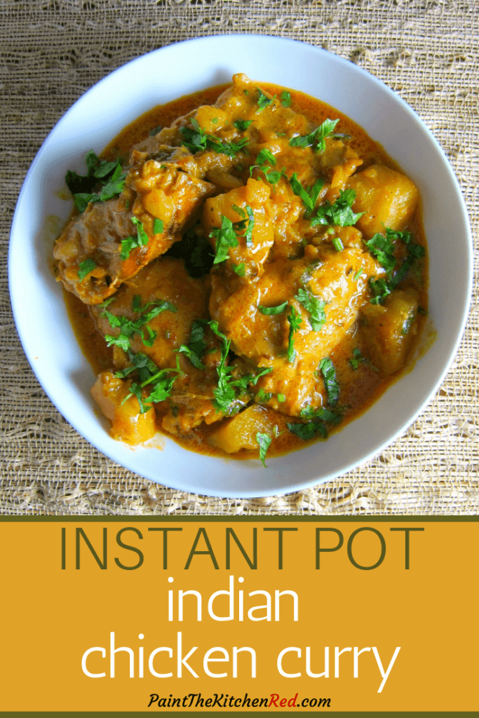 Instant Pot Chicken Curry Pinterest - white bowl with chicken curry garnished with cilantro