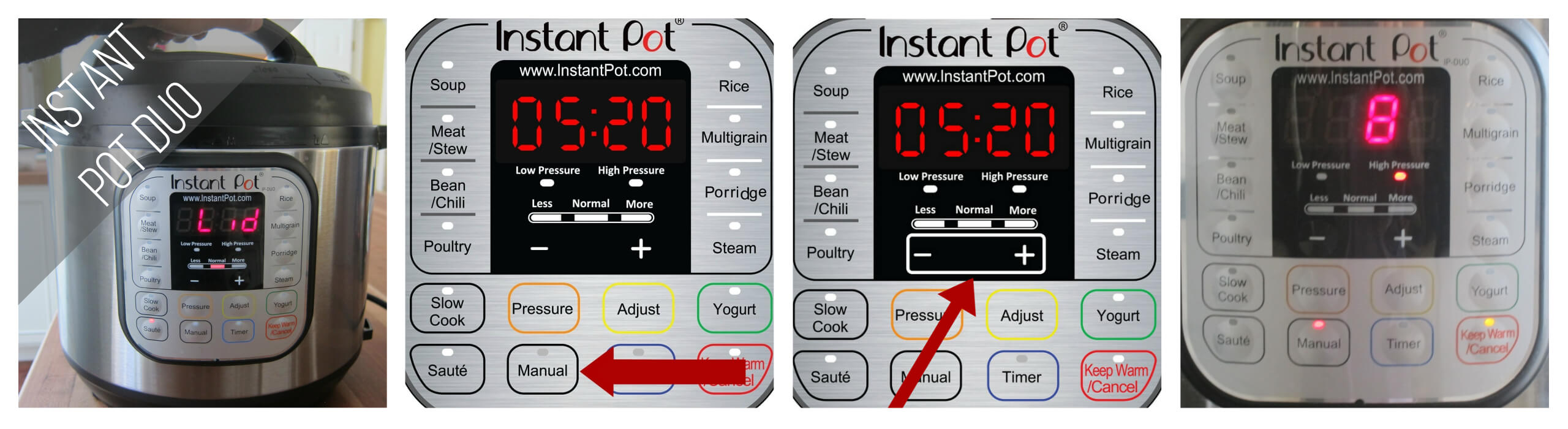 Instant Pot Duo Manual mode 8 minutes collage - close lid, press manual, press + -, display says 8 - Paint the Kitchen Red