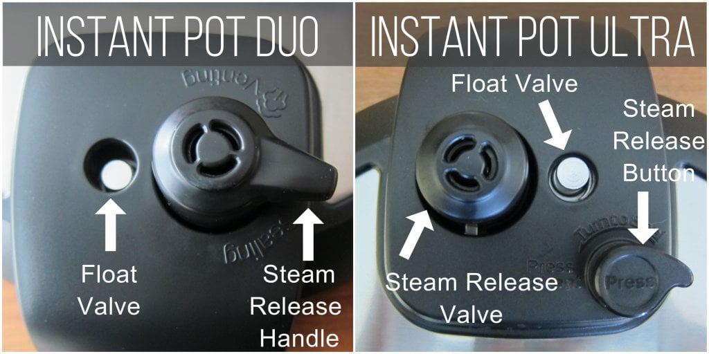 Instant Pot Problems - Duo: arrows pointing to float valve and steam release handle, Ultra: arrows pointing to steam release handle, float valve, steam release button - Paint the Kitchen Red