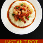 Instant Pot Shrimp and Grits on white plate - Paint the Kitchen Red