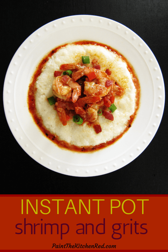 Instant Pot Shrimp and Grits on white plate - Paint the Kitchen Red