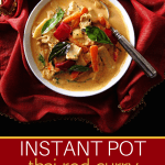 Instant Pot Thai Red Curry Pinterest pin - bowl of curry with spoon on red and gold napkin - From Paint the Kitchen Red