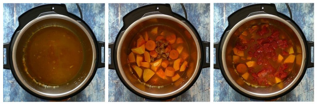 Vegetarian Instant Pot Moroccan Stew Instructions collage - broth, carrots squash and lemon added, tomatoes on top