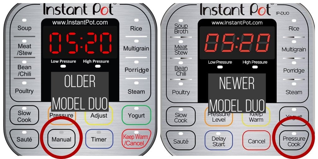 Instant Pot Duo panel for older vs newer models with Manual and Pressure Cook circled - Paint the Kitchen Red